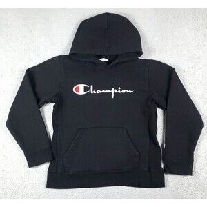 Champion Hoodie Youth Boys Large Black Pullover Logo Pocket Comfy Fleece